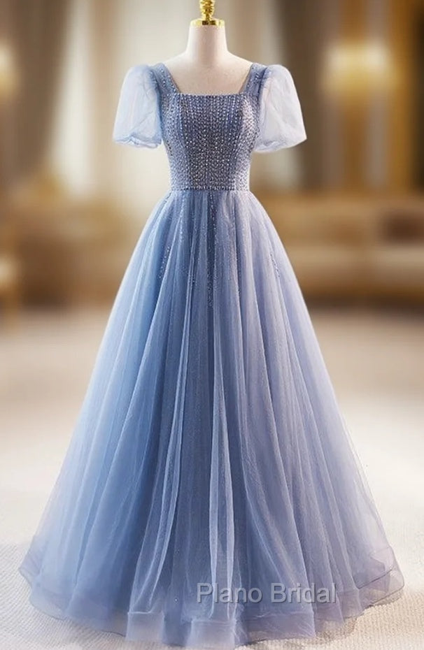Blue Tulle Square Neck Short Sleeve Beading Formal Prom Dresses