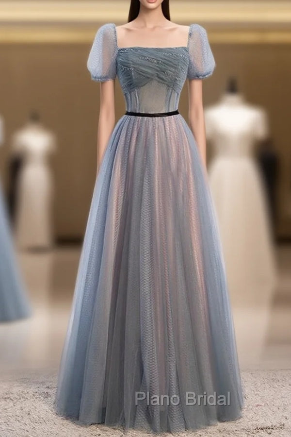Blue Tulle Square Short Sleeve Pleats Beading Formal Prom Dresses Main image