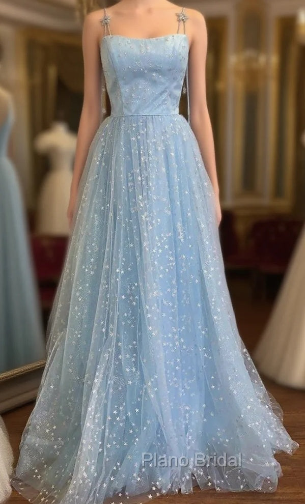 Blue Tulle Star Sequins Spaghetti Straps Formal Prom Dresses