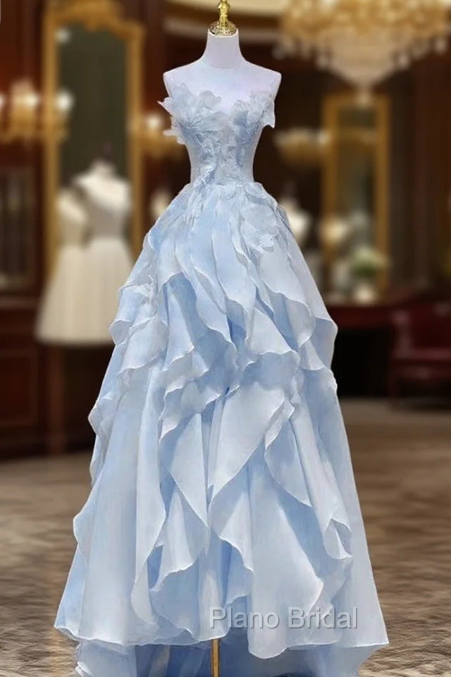 Blue Tulle Strapless Appliques Formal Prom Dresses