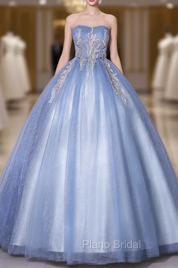 Blue Tulle Strapless Appliques Quinceanera Dresses Main image