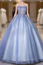 Blue Tulle Strapless Appliques Quinceanera Dresses
