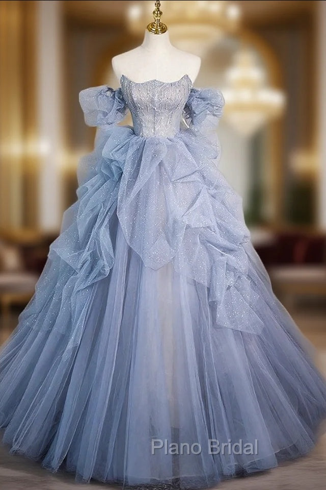 Blue Tulle Strapless Beading Formal Prom Dresses Main image