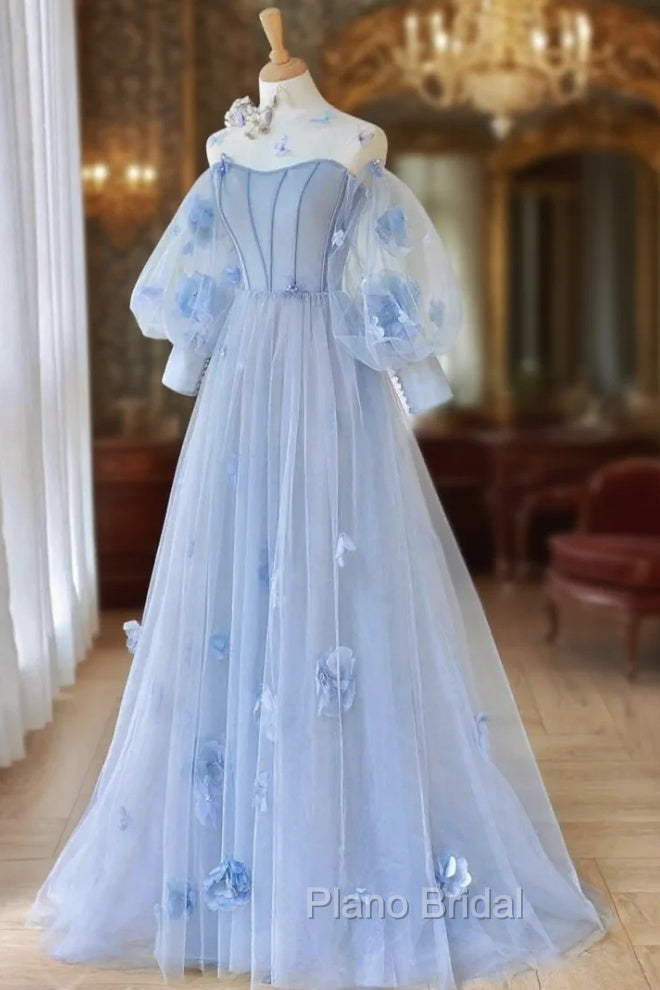 Blue Tulle Strapless Long Sleeve Flower Formal Prom Dresses Main image