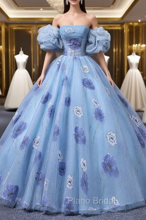 Blue Tulle Strapless Print Quinceanera Dresses Main image