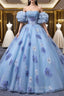 Blue Tulle Strapless Print Quinceanera Dresses
