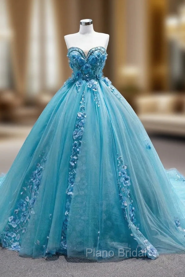 Blue Tulle Sweetheart Appliques Beading Formal Prom Dresses