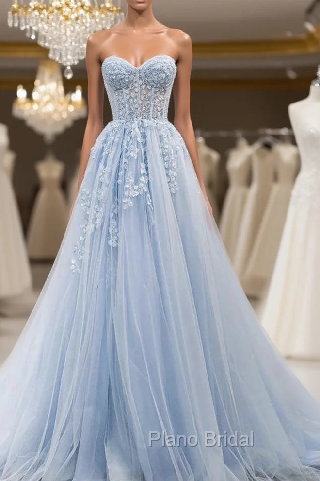 Blue Tulle Sweetheart Neck Appliques Formal Prom Dresses