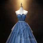 Blue Tulle Sweetheart Simple Pretty Floor Length Party Dresses, Blue A-line Evening Dresses Formal Prom Dresses