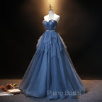 Blue Tulle Sweetheart Simple Pretty Floor Length Party Dresses, Blue A-line Evening Dresses Formal Prom Dresses