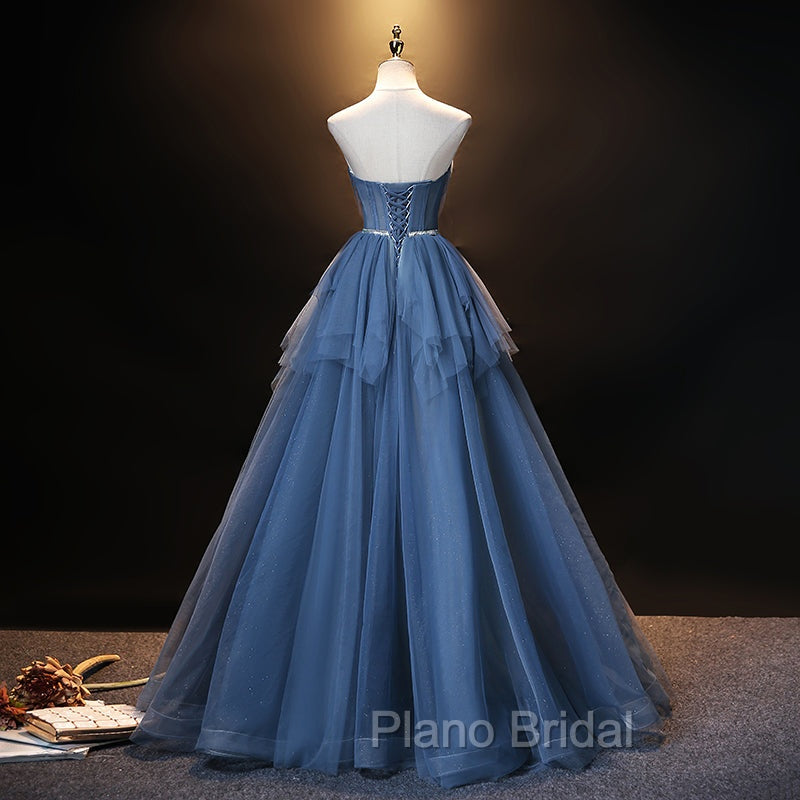 Blue Tulle Sweetheart Simple Pretty Floor Length Party Dresses, Blue A-line Evening Dresses Formal Prom Dresses