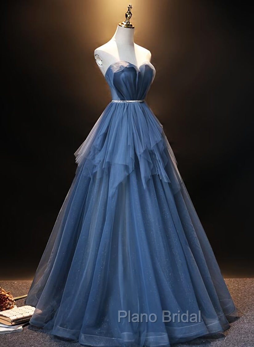 Blue Tulle Sweetheart Simple Pretty Floor Length Party Dresses, Blue A-line Evening Dresses Formal Prom Dresses Main image