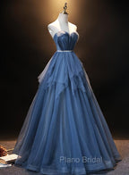 Blue Tulle Sweetheart Simple Pretty Floor Length Party Dresses, Blue A-line Evening Dresses Formal Prom Dresses