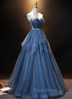 Blue Tulle Sweetheart Simple Pretty Floor Length Party Dresses, Blue A-line Evening Dresses Formal Prom Dresses
