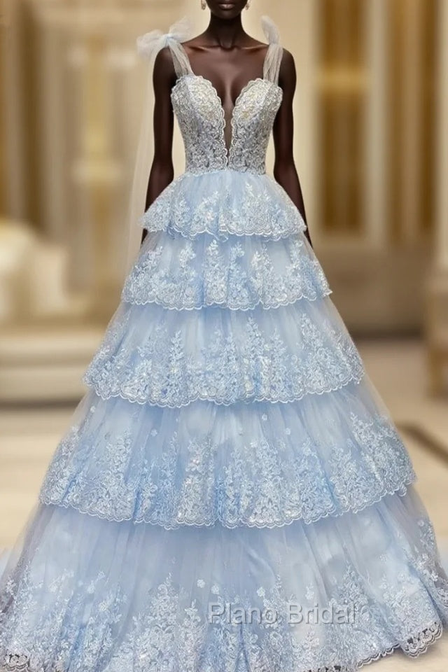 Blue Tulle Tiers Appliques Sequins Formal Prom Dresses Main image
