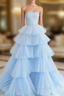 Blue Tulle Tiers Strapless Pleats Formal Prom Dresses