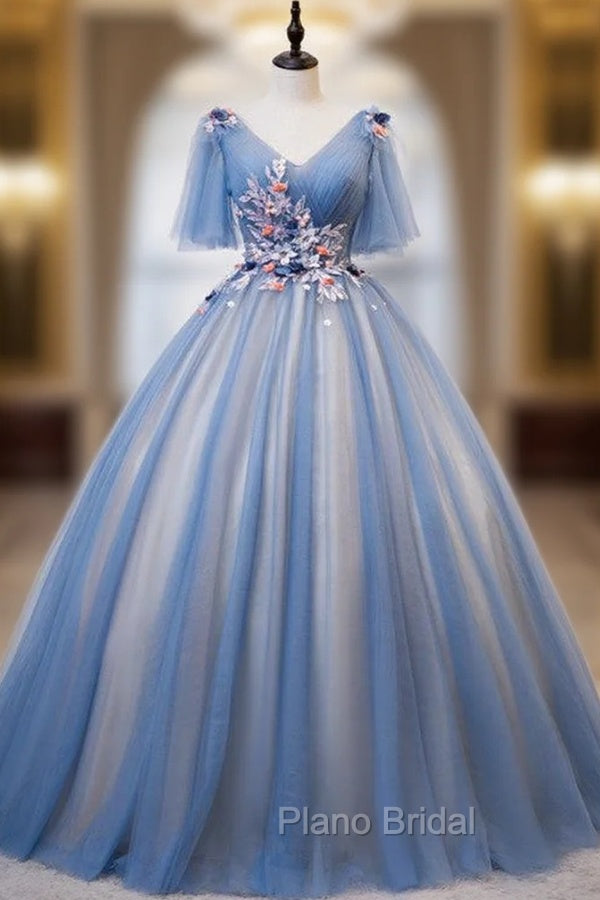 Blue Tulle V-neck Appliques Pleats Short Sleeve Quinceanera Dresses