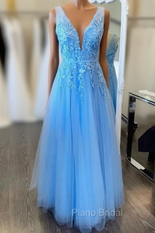 Blue Tulle V-neck Backless Appliques Formal Prom Dresses Main image
