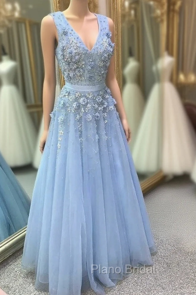 Blue Tulle V-neck Flower Beading Formal Prom Dresses