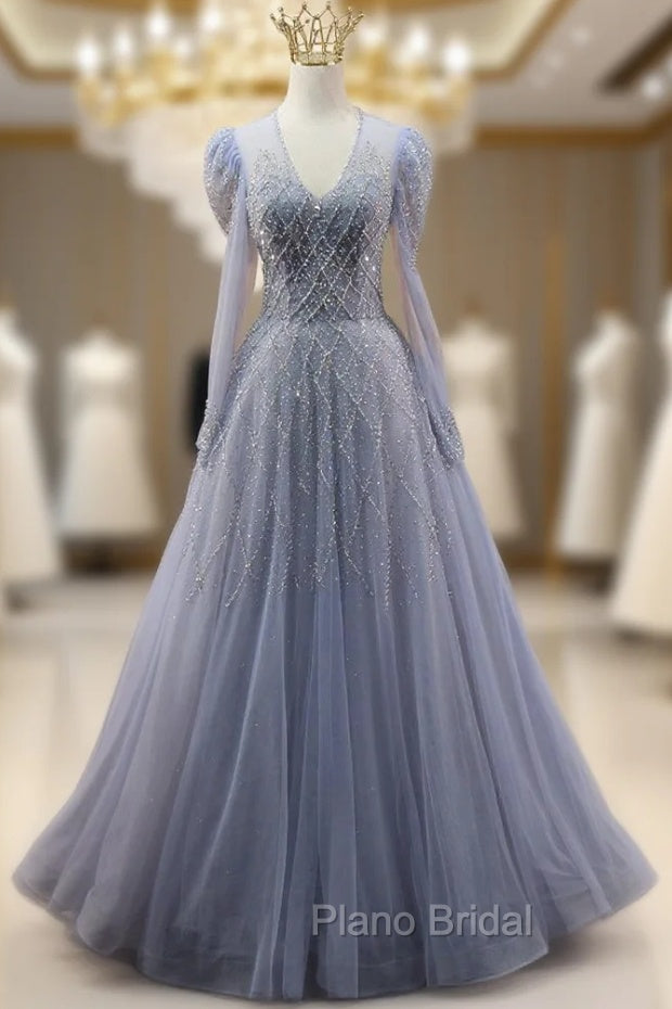 Blue Tulle V-neck Long Sleeve Beading Formal Prom Dresses