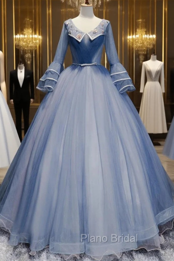 Blue Tulle V-neck Long Sleeve Pleats Quinceanera Dresses Main image