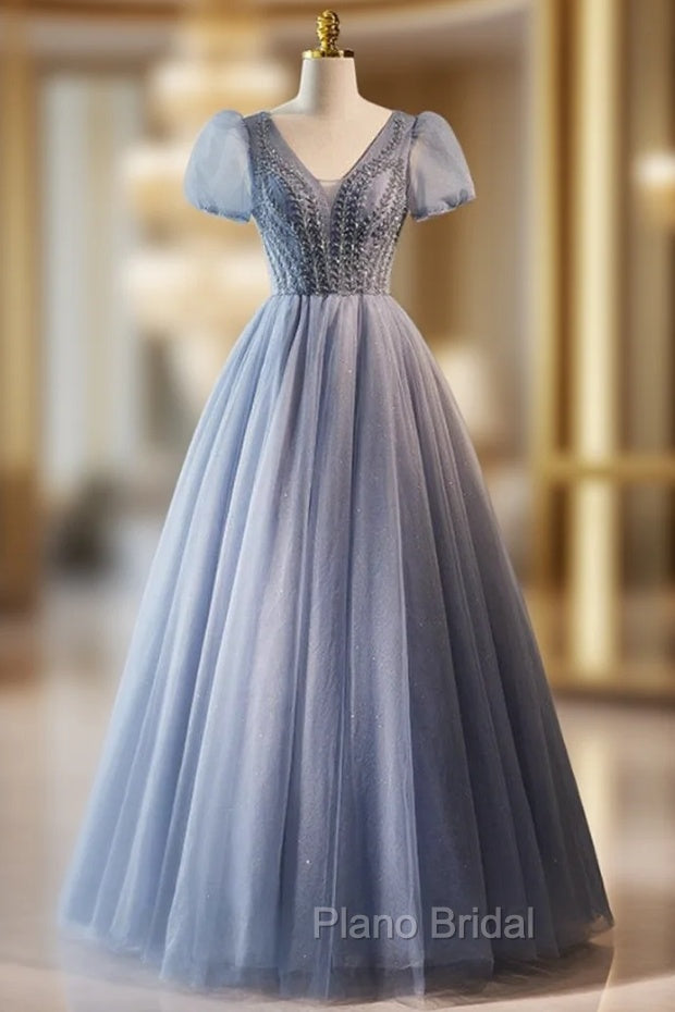 Blue Tulle V-neck Puff Sleeve Beading Formal Prom Dresses