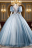 Blue Tulle V-neck Puff Sleeve Quinceanera Dresses