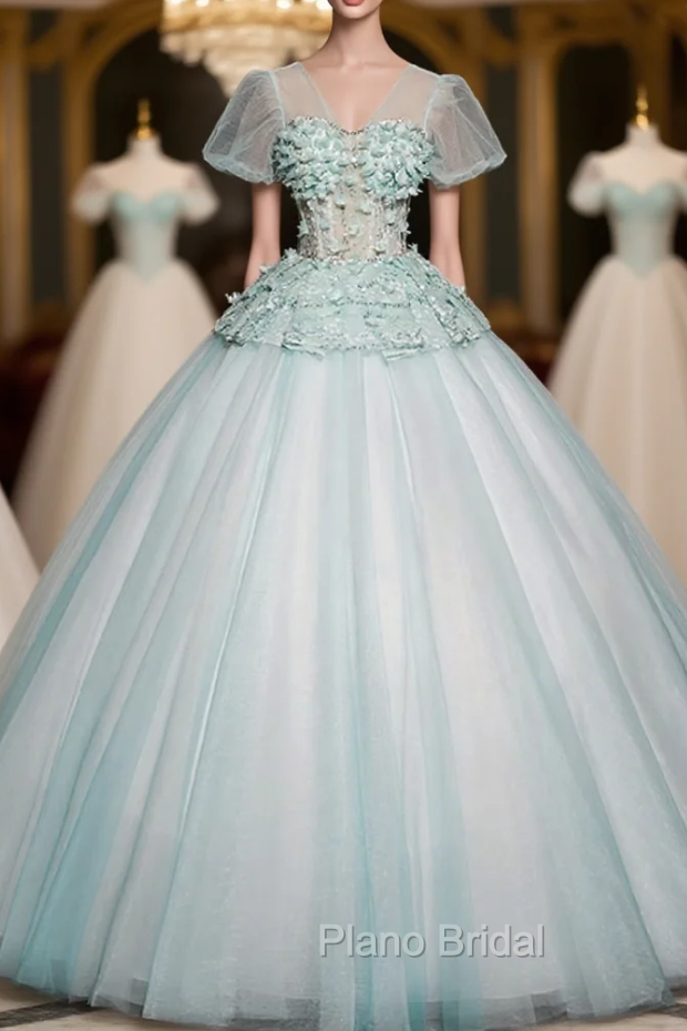 Blue Tulle V-neck Short Sleeve Flower Quinceanera Dresses Main image