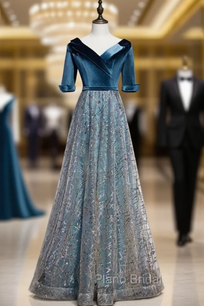 Blue Tulle V-neck Short Sleeve Sequins Formal Prom Dresses