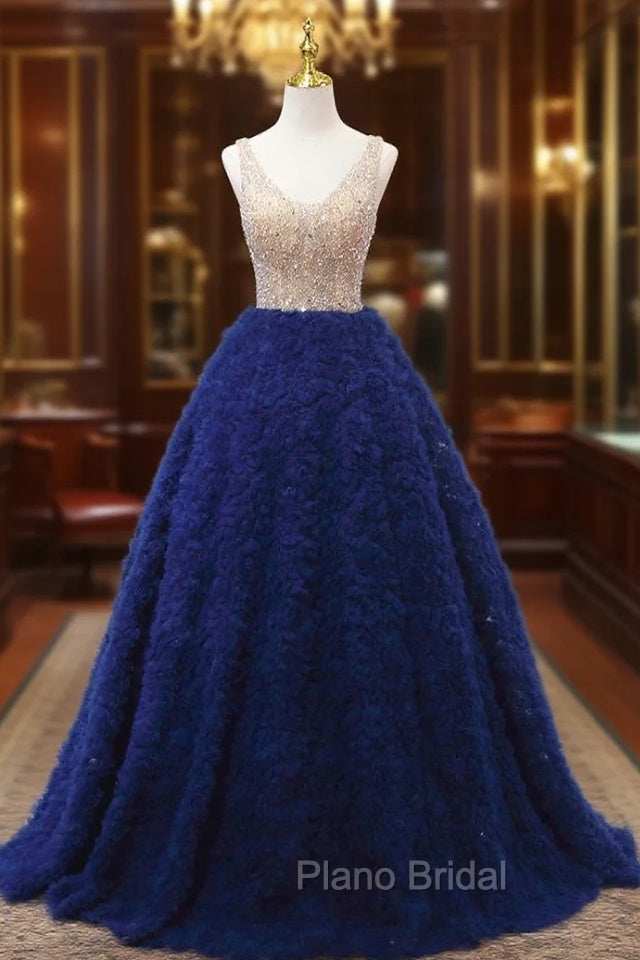 Blue Tulle V-neck Tiers Beading Formal Prom Dresses