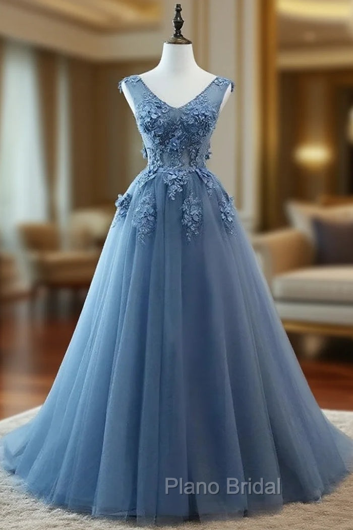 Blue Tulle V-neckline Long Party Dresses , Tulle Formal Dresses Main image