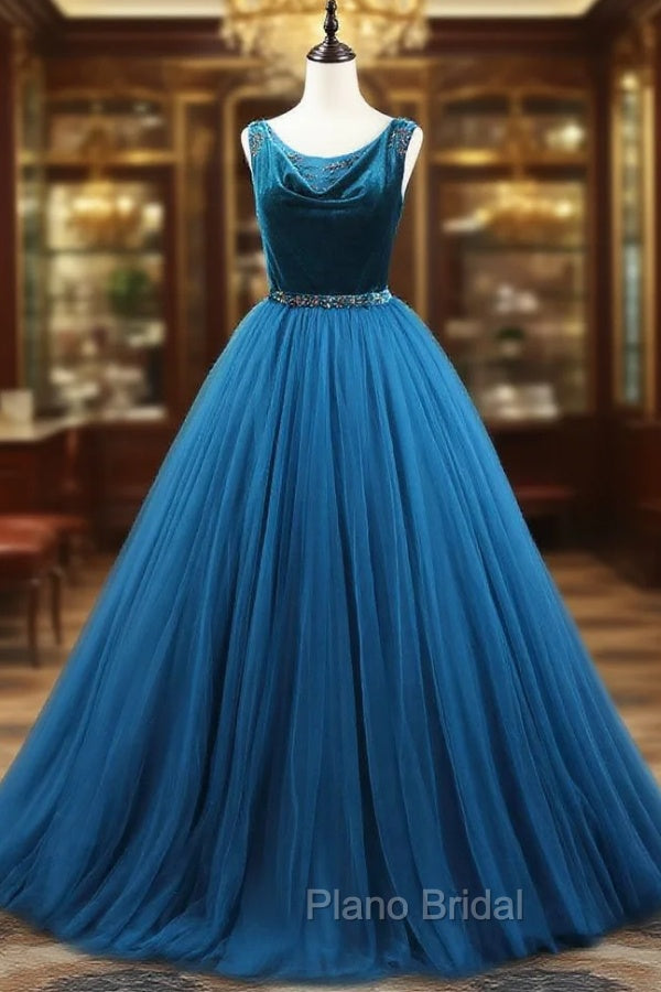 Blue Tulle Velvet Beading Formal Prom Dresses