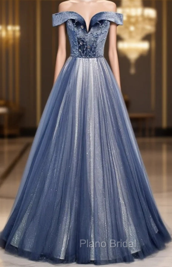 Blue Tulle Velvet Off the Shoulder Beading Formal Prom Dresses Main image