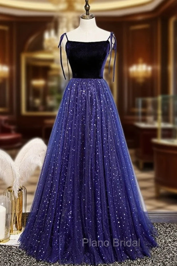 Blue Tulle Velvet Star Sequins Spaghetti Straps Formal Prom Dresses