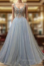 Blue Tulle with Flowers Straps Long Evening Dresses, Blue Formal Prom Party Dresses