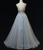 Blue Tulle with Flowers Straps Long Evening Dresses, Blue Formal Prom Party Dresses