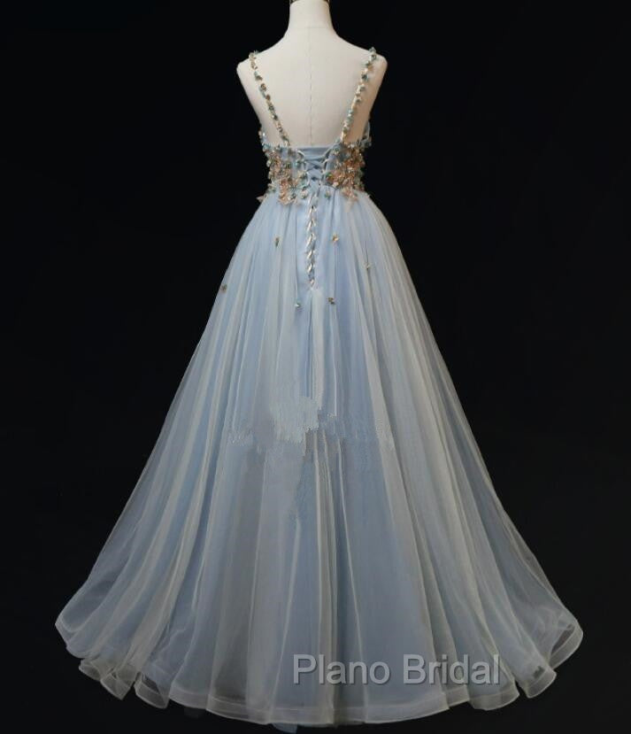 Blue Tulle with Flowers Straps Long Evening Dresses, Blue Formal Prom Party Dresses