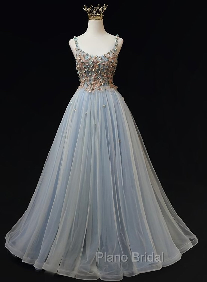 Blue Tulle with Flowers Straps Long Evening Dresses, Blue Formal Prom Party Dresses Main image