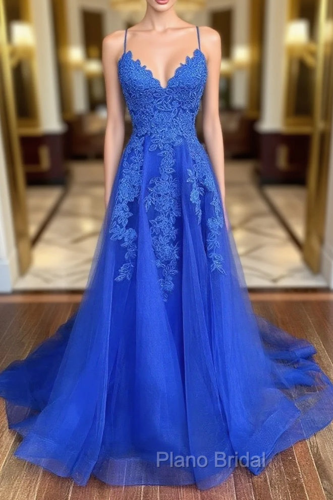 Blue Tulle with Lace A-line Floor Length Party Dresses Blue Junior Formal Prom Dresses Formal Prom Dresses shops Main image