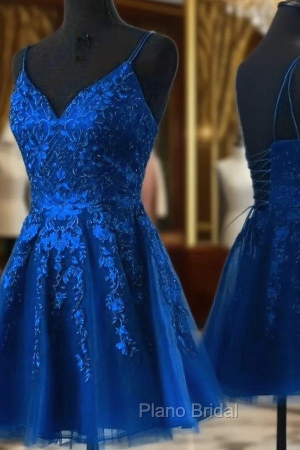 Blue Tulle with Lace Straps Short Homecoming Dresses, V-neckline Blue Formal Prom Dresses