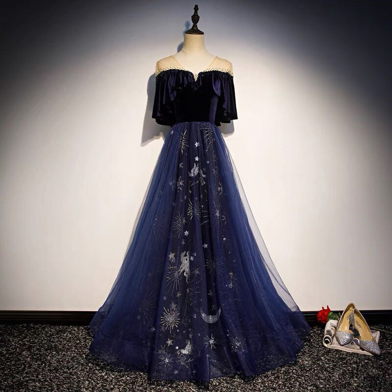 Blue Tulle With Velvet Long Party Dresses, A-Line Off Shoulder Formal Dresses Formal Prom Dresses Secondary image