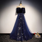 Blue Tulle With Velvet Long Party Dresses, A-Line Off Shoulder Formal Dresses Formal Prom Dresses