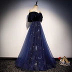 Blue Tulle With Velvet Long Party Dresses, A-Line Off Shoulder Formal Dresses Formal Prom Dresses