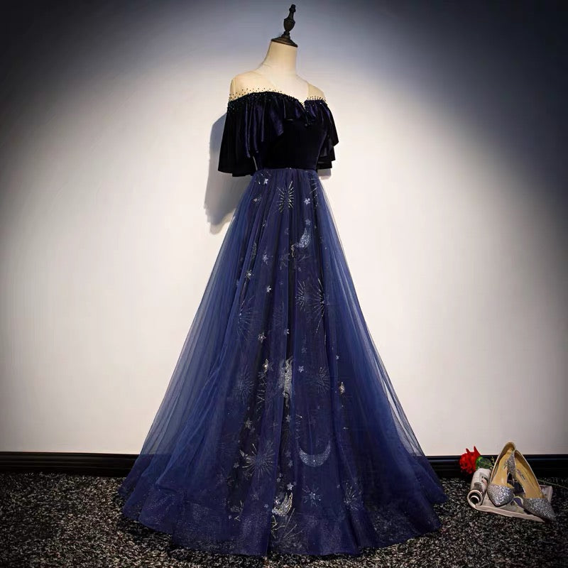 Blue Tulle With Velvet Long Party Dresses, A-Line Off Shoulder Formal Dresses Formal Prom Dresses