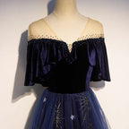 Blue Tulle With Velvet Long Party Dresses, A-Line Off Shoulder Formal Dresses Formal Prom Dresses