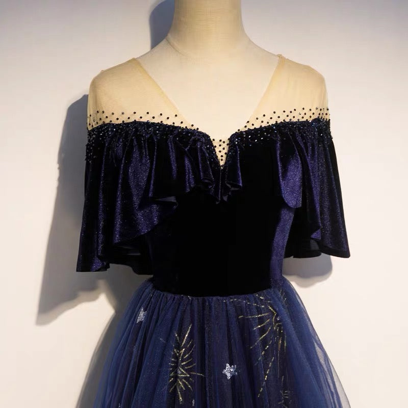 Blue Tulle With Velvet Long Party Dresses, A-Line Off Shoulder Formal Dresses Formal Prom Dresses