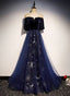 Blue Tulle With Velvet Long Party Dresses, A-Line Off Shoulder Formal Dresses Formal Prom Dresses
