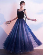 Blue Tulle With Velvet Straps Long Party Dresses, Gorgeous Formal Gown