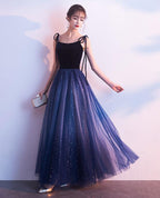 Blue Tulle With Velvet Straps Long Party Dresses, Gorgeous Formal Gown