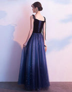 Blue Tulle With Velvet Straps Long Party Dresses, Gorgeous Formal Gown